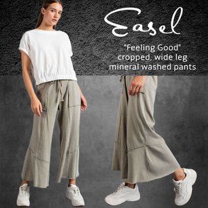 EASEL "Feeling Good" 100% Cotton Mineral Washed Cropped Pants Pockets Flared Leg